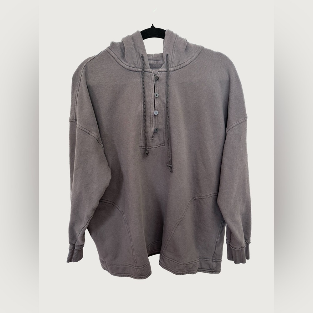 AERIE | Washed Gray Pullover Hoodie with Henley Buttons